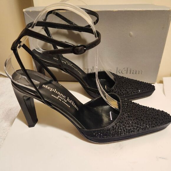 STEPHANIE KÉLIAN PARIS Black Beaded Silk/Leather Pumps Sz.9 Ret.$495 in Box - Picture 2 of 12